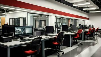 bright computer lab with modern equipment and technology photo