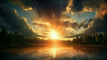 bright sunbeams illuminate tranquil nature dusk sky photo