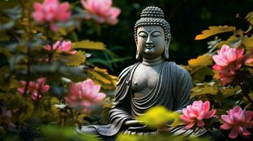 buddhism statue in floral garden scene photo