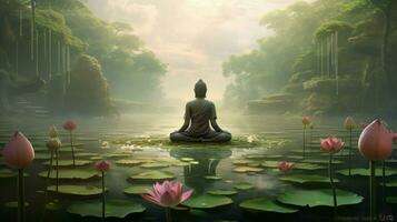 buddhist meditates by lotus pond tranquil harmony photo