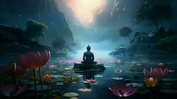 buddhist meditates in tranquil pond surrounded by lotus photo