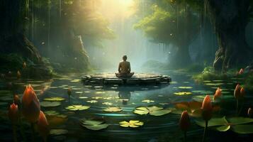 budista medita en tranquilo estanque rodeado por loto foto