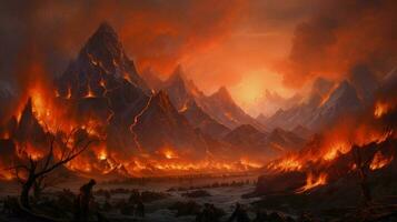 burning mountain range creates hellish inferno outdoors photo
