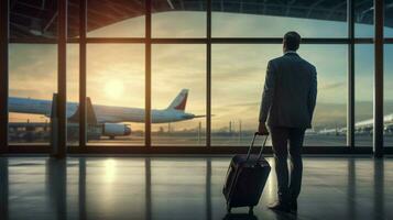 businessman holding luggage waiting for airport arrival photo