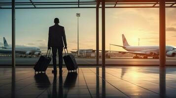 businessman holding luggage waiting for airport arrival photo