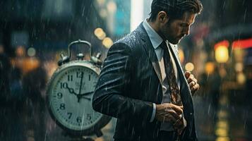 businessman in the rain checking his watch photo