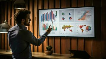 businessman pointing to chart on digital monitor photo