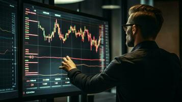 businessman pointing to chart on digital monitor photo