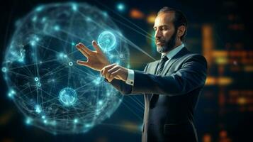 businessman pointing to global communication photo