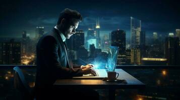 businessman typing on computer city skyline glowing photo