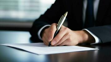 businessman signing contract at desk with pen photo