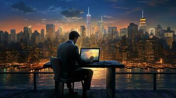 businessman typing on laptop in illuminated cityscape photo