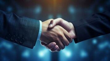 businessmen in suits seal agreement with handshake photo