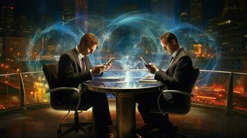 businessmen sitting at desk using wireless technology photo