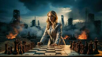 businesswoman strategizes success on chess board photo