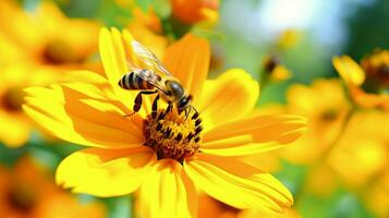 busy bee pollinates yellow flower in summer photo