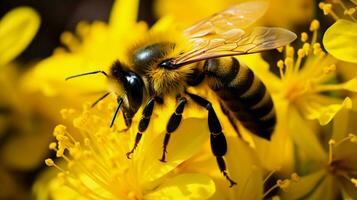 ocupado abeja poliniza amarillo flor en verano foto