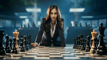 businesswoman strategizes success on chess board photo