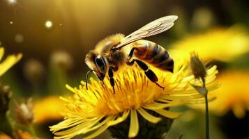 busy bee pollinates yellow flower in summer photo