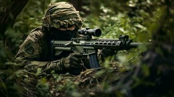 camouflaged soldier aims at target with rifle photo