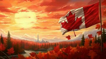 canadian flag waving in vibrant autumn backdrop photo