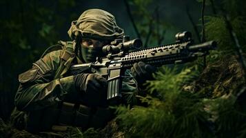 camuflado soldado objetivos a objetivo con rifle foto