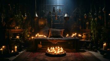 candle burning on altar illuminates dark living room photo