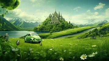 car driving on green grass surrounded by nature photo