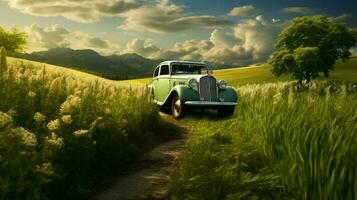 car driving on green grass surrounded by nature photo