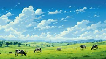 cattle graze on green meadow under blue sky photo