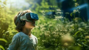 caucasian child enjoys futuristic vr adventure in nature photo