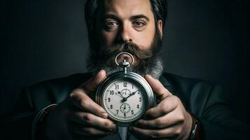 caucasian businessman holding old fashioned metal photo