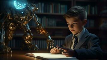 caucasian schoolboy studying science with futuristic robot photo