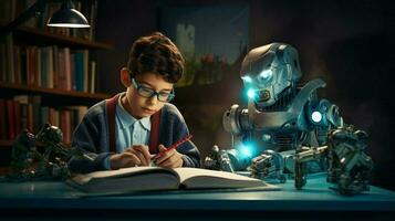 caucasian schoolboy studying science with futuristic robot photo