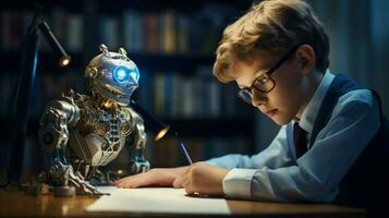 caucasian schoolboy studying science with futuristic robot photo