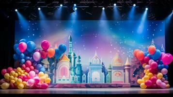 celebration backdrop with balloons decorations and stage photo