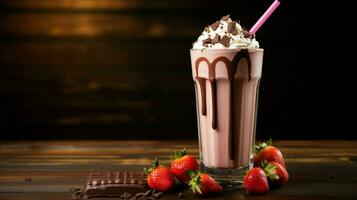 chocolate and strawberry milkshake on wooden table photo