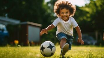 niño practicando fútbol habilidades disfrutando al aire libre actividad foto