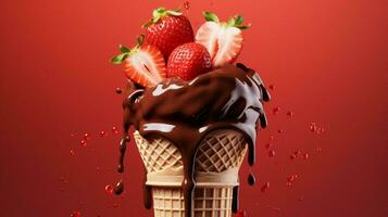 chocolate dipped strawberry in sweet ice cream photo