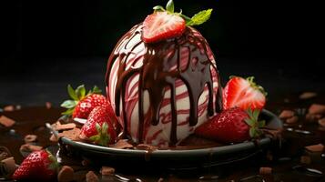 chocolate dipped strawberry in sweet ice cream photo