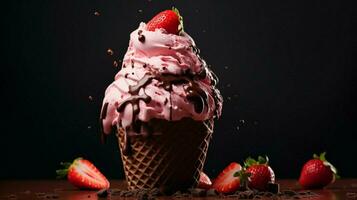 chocolate dipped strawberry in sweet ice cream photo