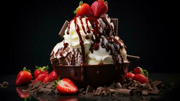 chocolate dipped strawberry in sweet ice cream photo