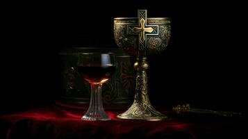 christian chalice wine and cross on black background photo