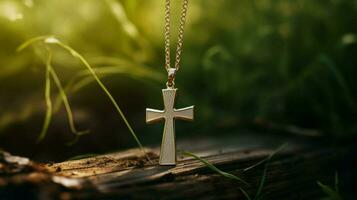 cristiandad símbolo el cruzar collar brilla oro foto