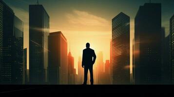 city businessman standing on skyscraper back lit silhouet photo