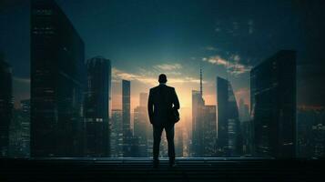 city businessman standing on skyscraper back lit silhouet photo