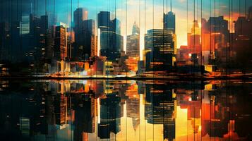 city skyscrapers reflect vibrant sunset light in glass photo