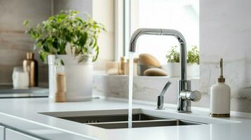 limpiar moderno cocina lavabo con grifo y líquido envase foto