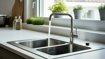 clean modern kitchen sink with faucet and liquid container photo