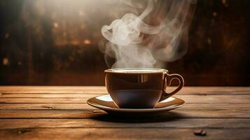 close up coffee cup on wooden table steam rising photo